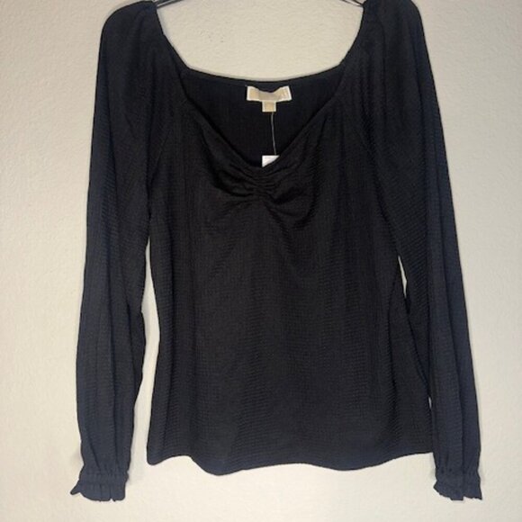 Michael Kors Long Sleeve Puff Sleeve Ruched Top Black - Picture 1 of 4